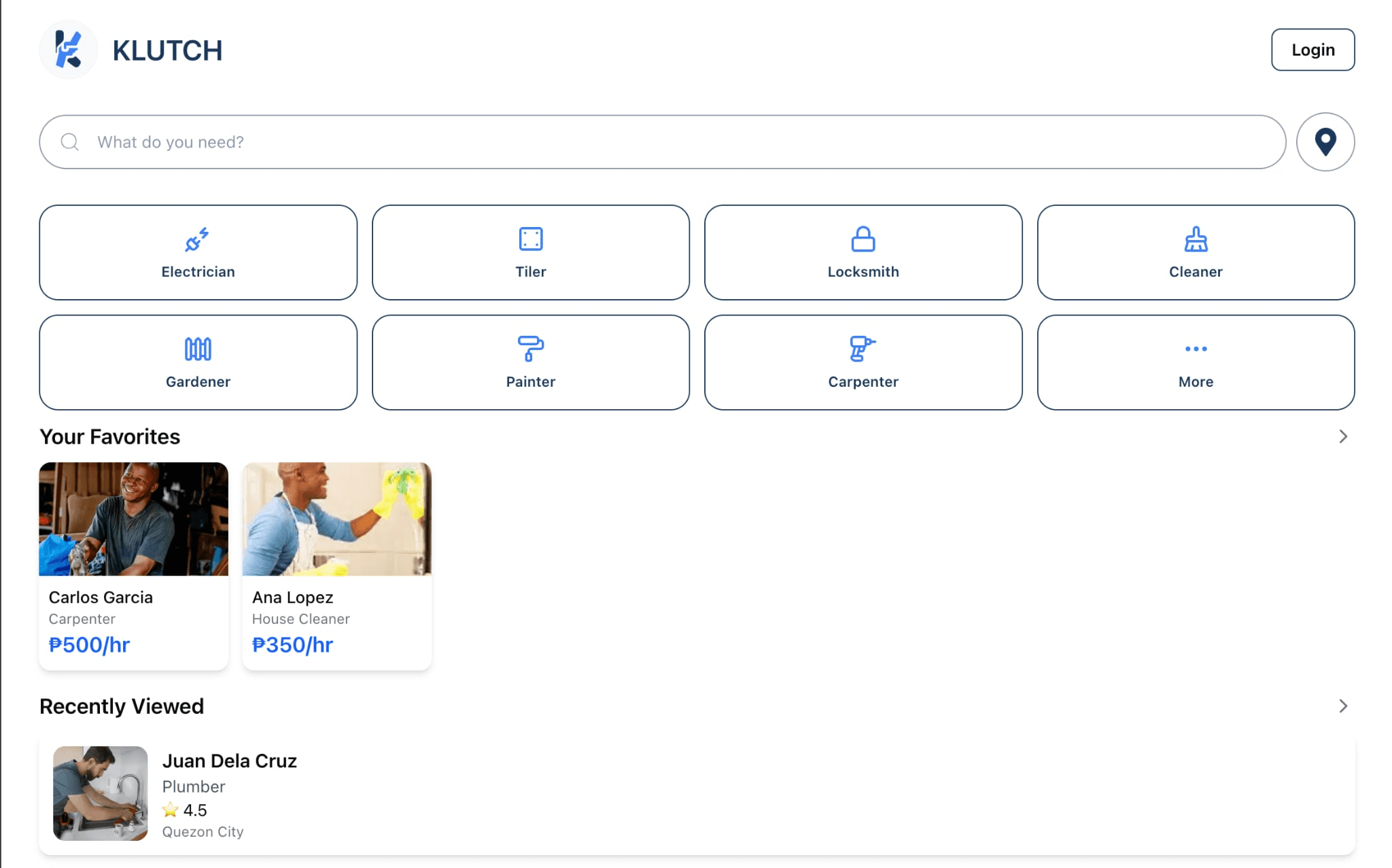 KLUTCH's search home: trade categories from electrician to carpenter, saved workers with hourly rates in pesos, and a recently viewed profile with its rating and city.
